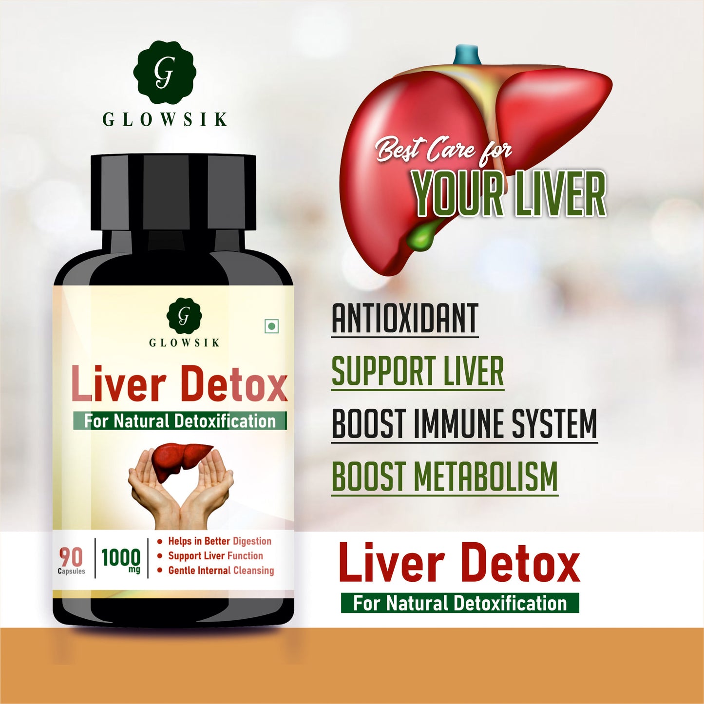 Glowsik Liver Detox Supplement Ayurvedic 1000mg with Milk Thistle for Liver Cleanse - 90 capsules