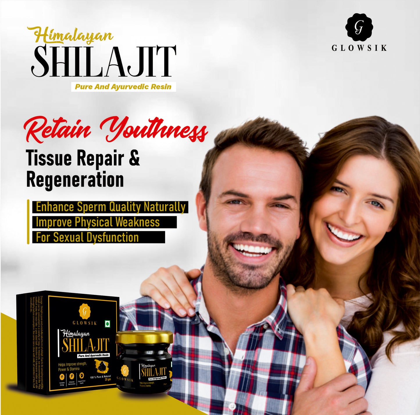 Glowsik Himalayan Shilajit Resin Original & Ayurvedic - 20 gm Now with ashwangandha , safed mushli and kauch beej 20 effervescent tablets