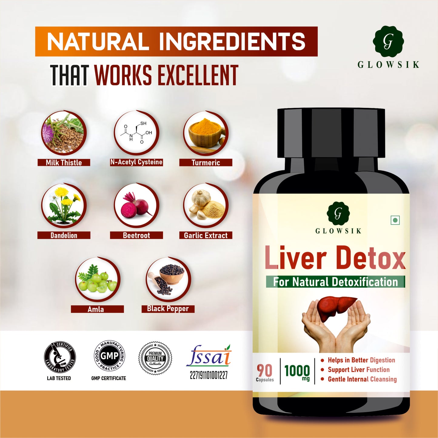 Glowsik Liver Detox Supplement Ayurvedic 1000mg with Milk Thistle for Liver Cleanse - 90 capsules