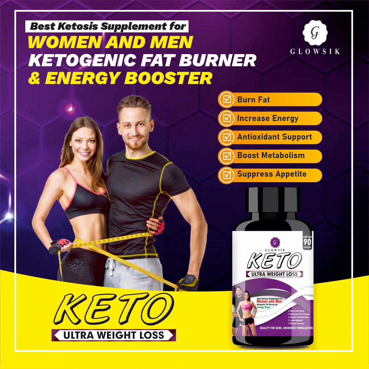 GLOWSIK Keto ultra weight loss fat burner Capsules with (Garcinia Cambogia + Green Tea + Green Coffee) Extract 1000Mg - 90 CAPSULES