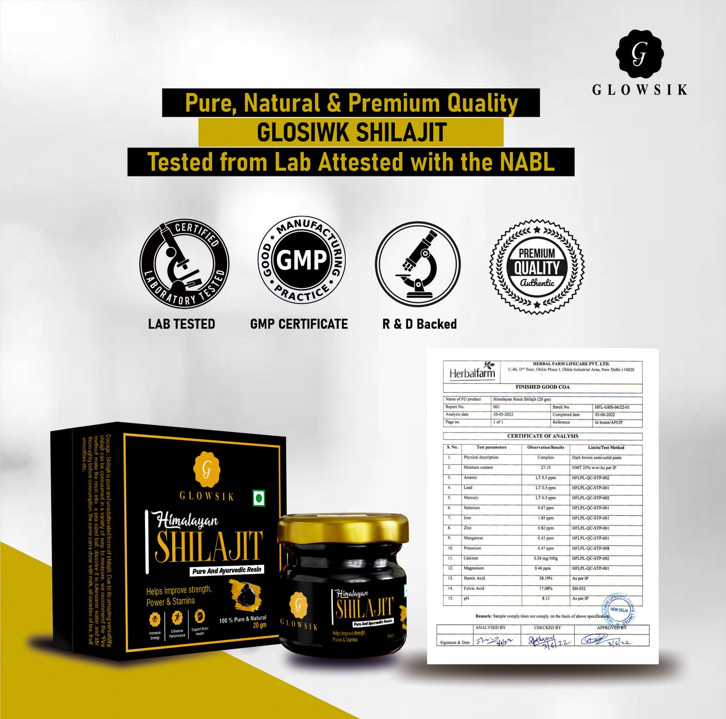 Glowsik Himalayan Shilajit Resin Original & Ayurvedic - 20 gm Now with ashwangandha , safed mushli and kauch beej 20 effervescent tablets