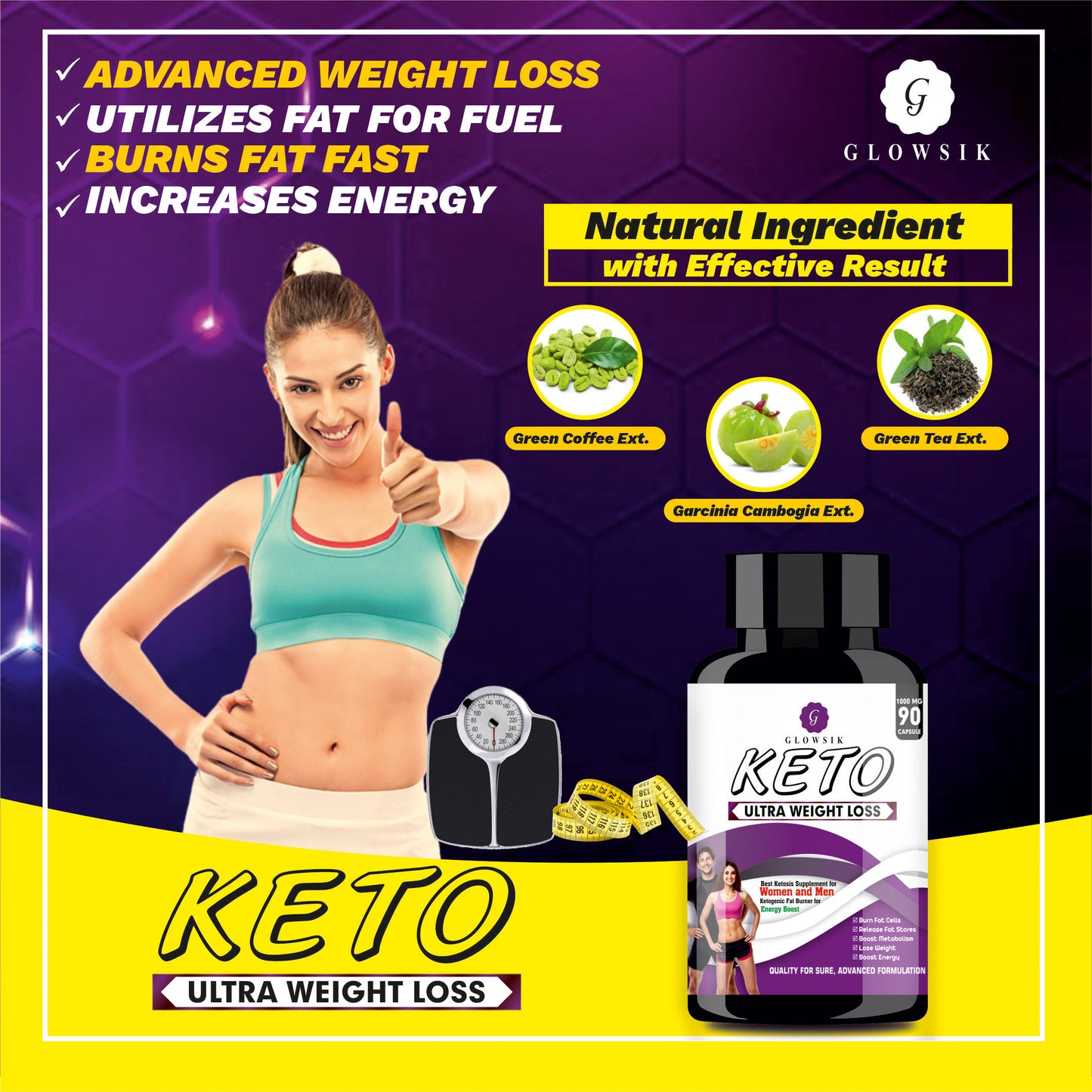 GLOWSIK Keto ultra weight loss fat burner Capsules with (Garcinia Cambogia + Green Tea + Green Coffee) Extract 1000Mg - 90 CAPSULES