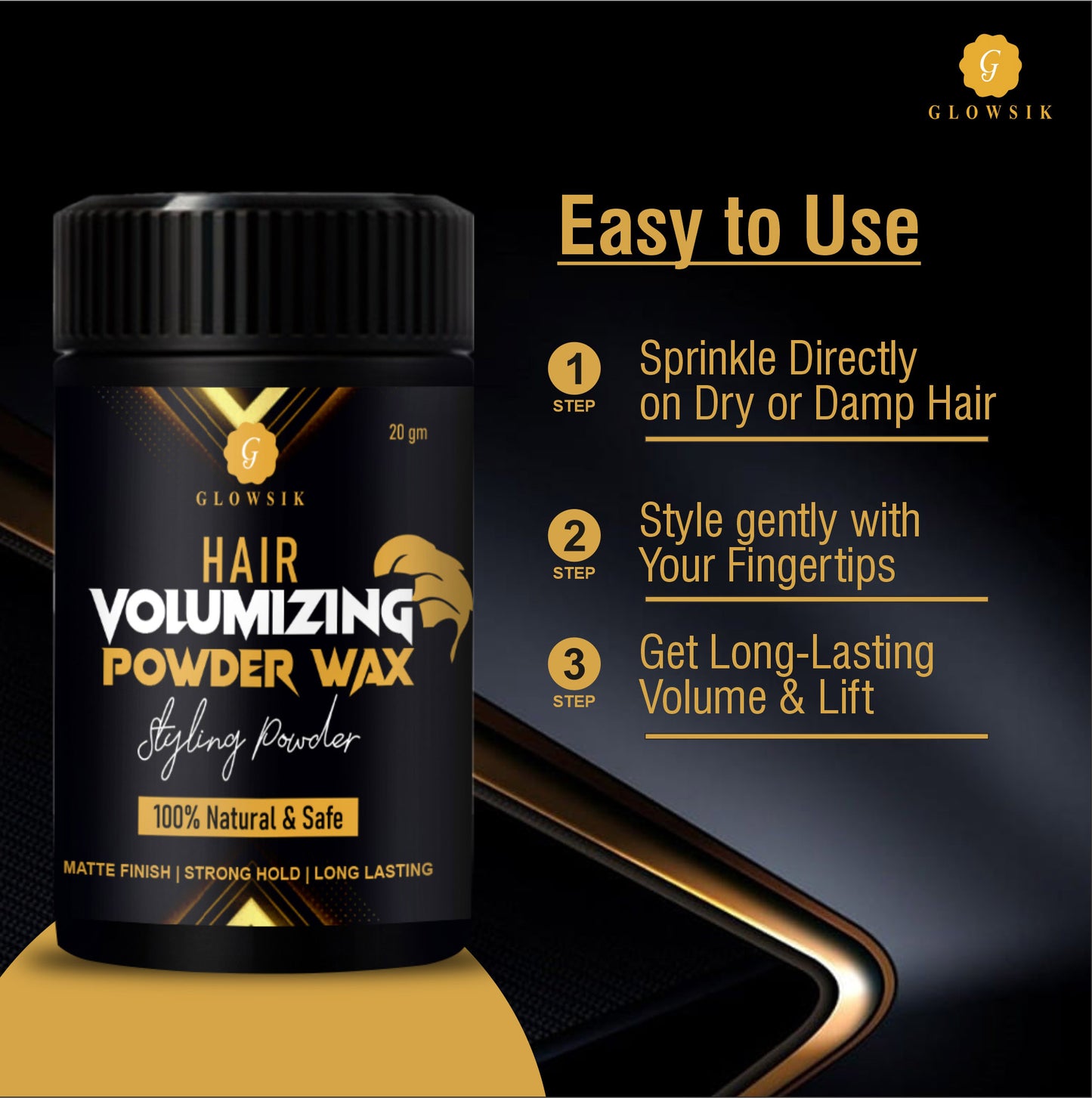 GLOWSIK Hair Volumizing Powder Wax for strong hold , Styling hair Powder , Matt Finish Long lasting , 100% Safe & Natural , Hair Volumizer Powder Wax 24 Hours Hold Hair Volumizer POWDER (20 g)