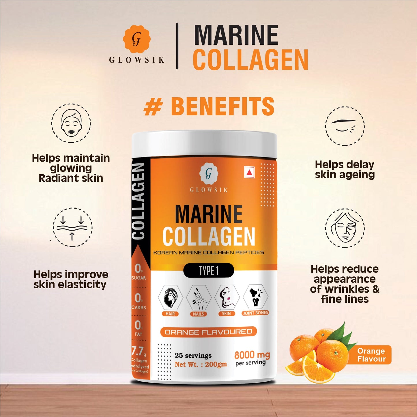 Glowsik Korean Marine Collagen Powder with Glutathione for Women & Men (200 g) Pack of 2