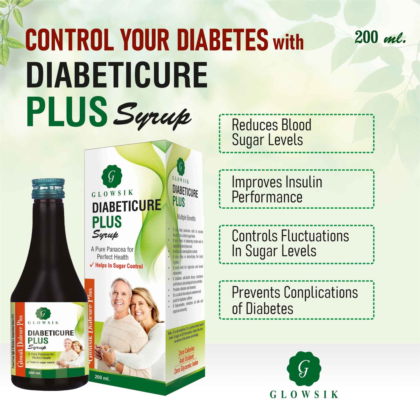 GLOWSIK Diabeticure Plus For Control diabetes | Diabetes Care Syrup| Control Blood sugar (2 x 200 ml)