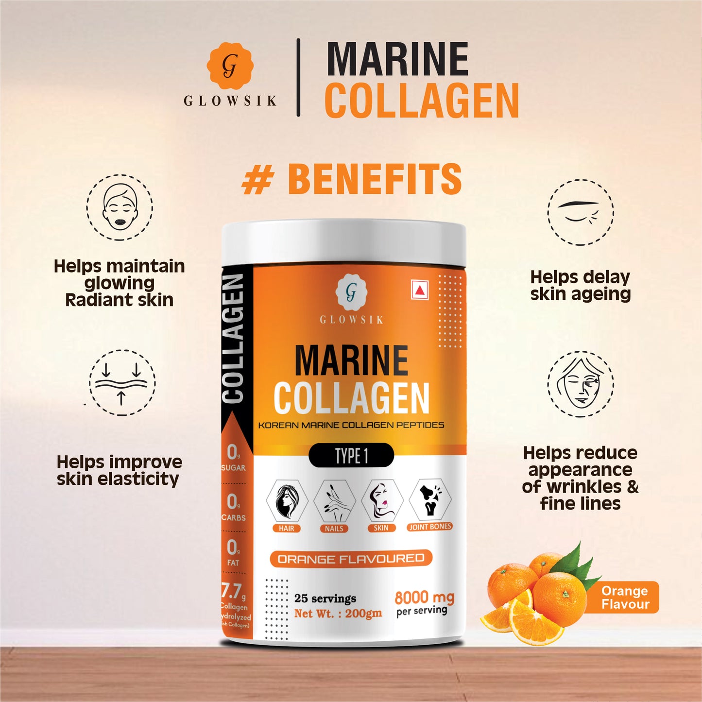 Glowsik Korean Marine Collagen Powder with Glutathione for Women & Men (200 g) Pack of 3