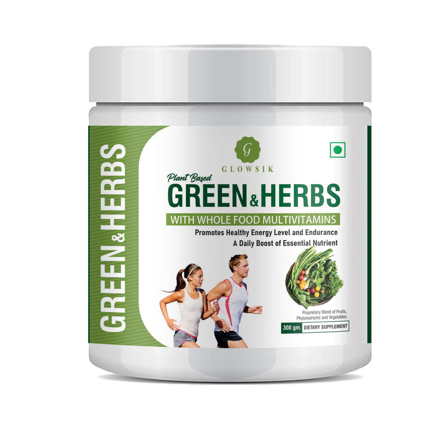 GLOWSIK Plant and Herb Greens with Chlorella, Spirulina for Healthy Skin, Acne & Detox (300 g)