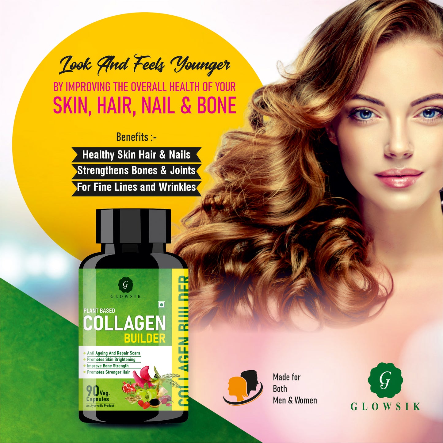 Glowsik Collagen Supplements for Women and Men for skin glow, hair & bones health - 90 capsules, Plant Based Collagen Builder
