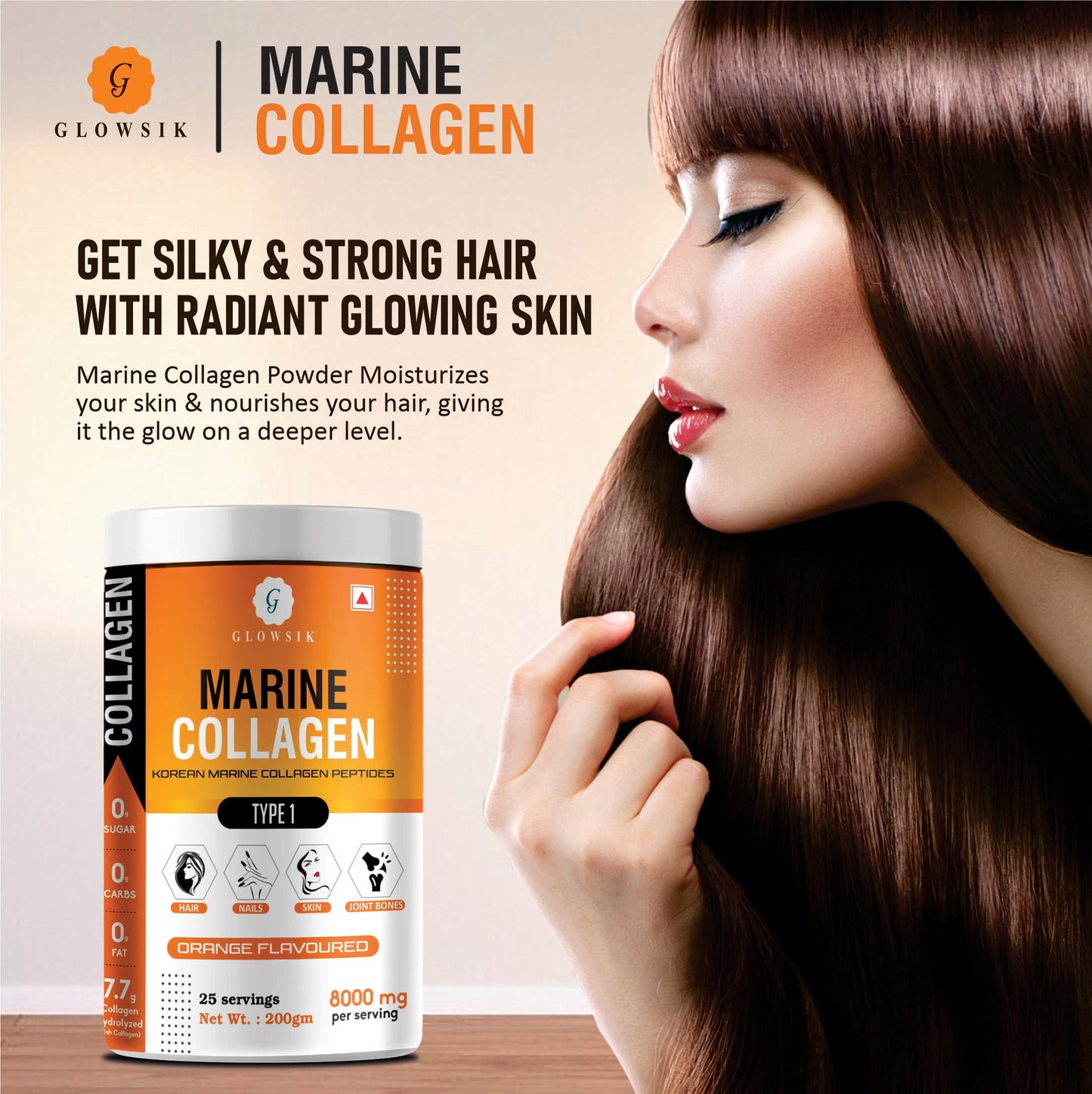 Glowsik Korean Marine Collagen Powder with Glutathione for Women & Men (200 g) Pack of 2