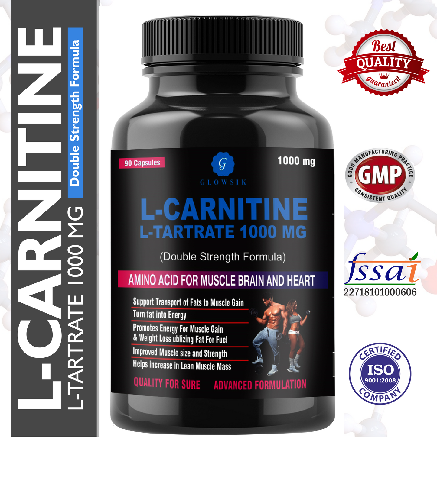G GLOWSIK L-Carnitine L- Tartrate for weight loss pre work out supplements - 90 capsules (1000 mg)