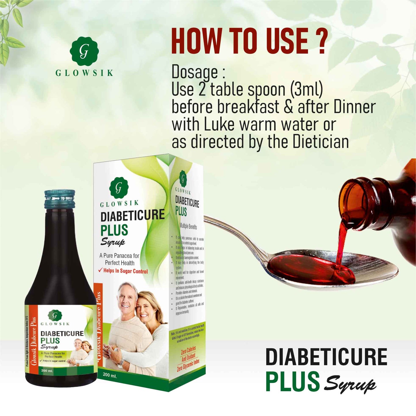 GLOWSIK Diabeticure Plus For Control diabetes | Diabetes Care Syrup| Control Blood sugar (2 x 200 ml)