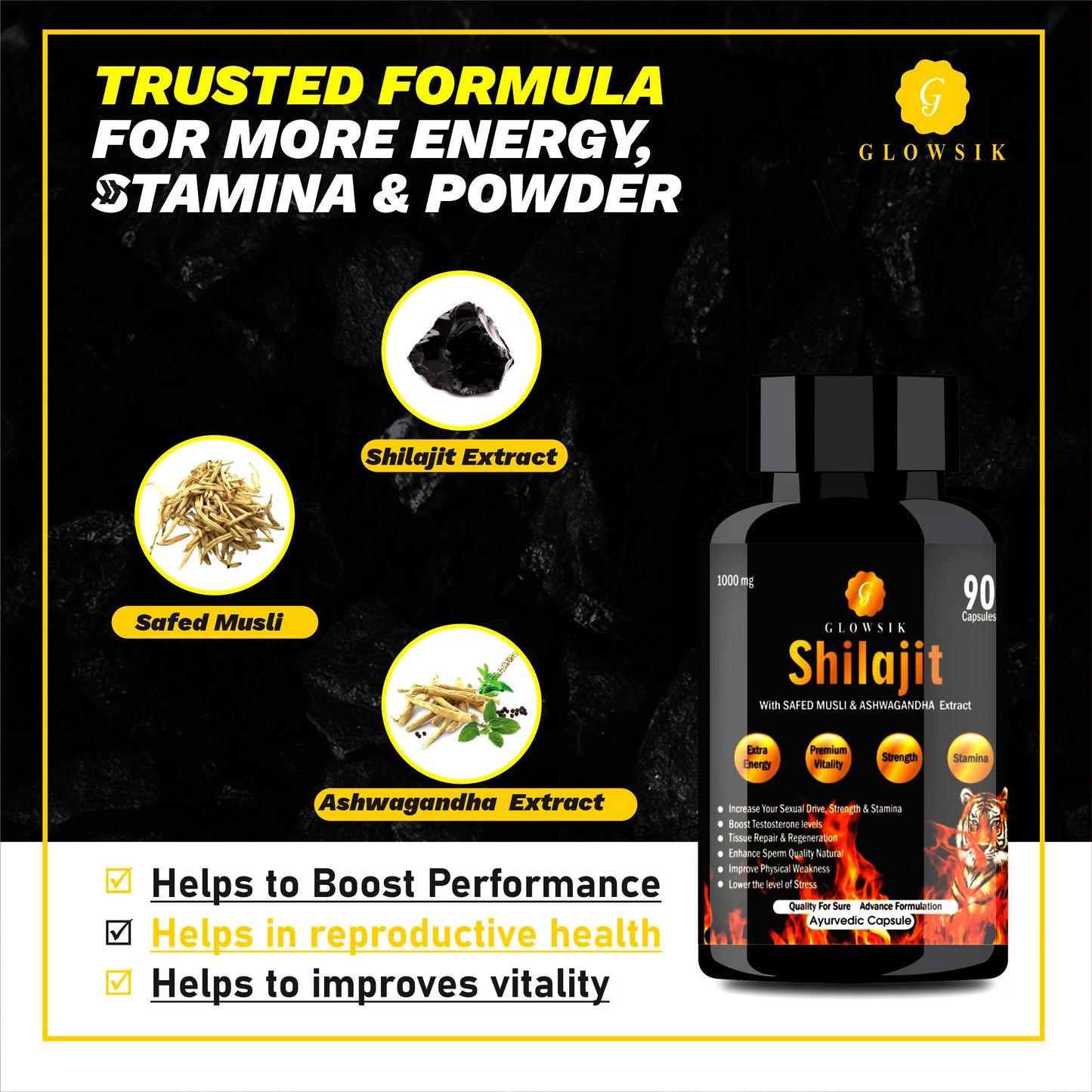 GLOWSIK SHILAJIT CAPSULES FOR POWER , STAMINA WITH SAFED MUSHLI AND ASHWAGANDHA