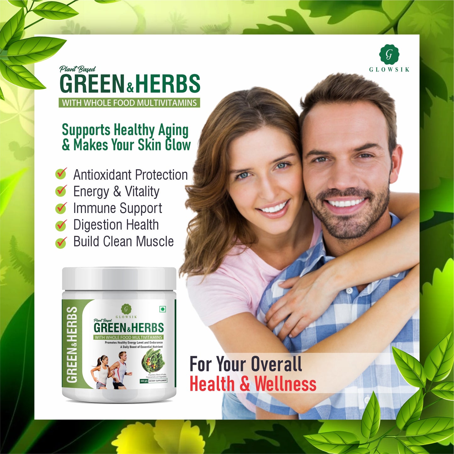 GLOWSIK Plant and Herb Greens with Chlorella, Spirulina for Healthy Skin, Acne & Detox (300 g)