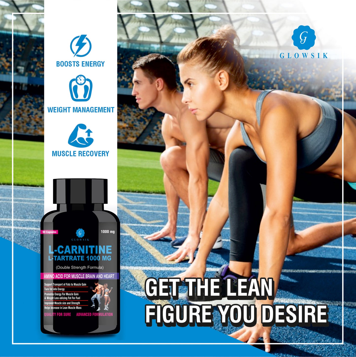 G GLOWSIK L-Carnitine L- Tartrate for weight loss pre work out supplements - 90 capsules (1000 mg)