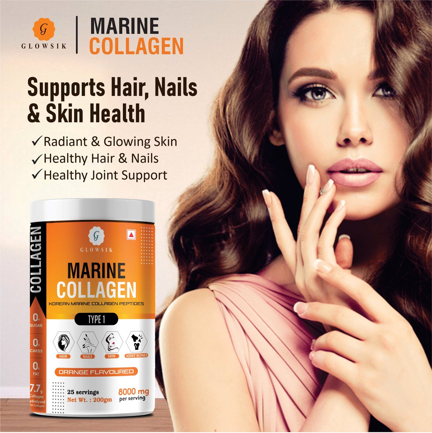 Glowsik Korean Marine Collagen Powder with Glutathione for Women & Men (200 g) Pack of 2