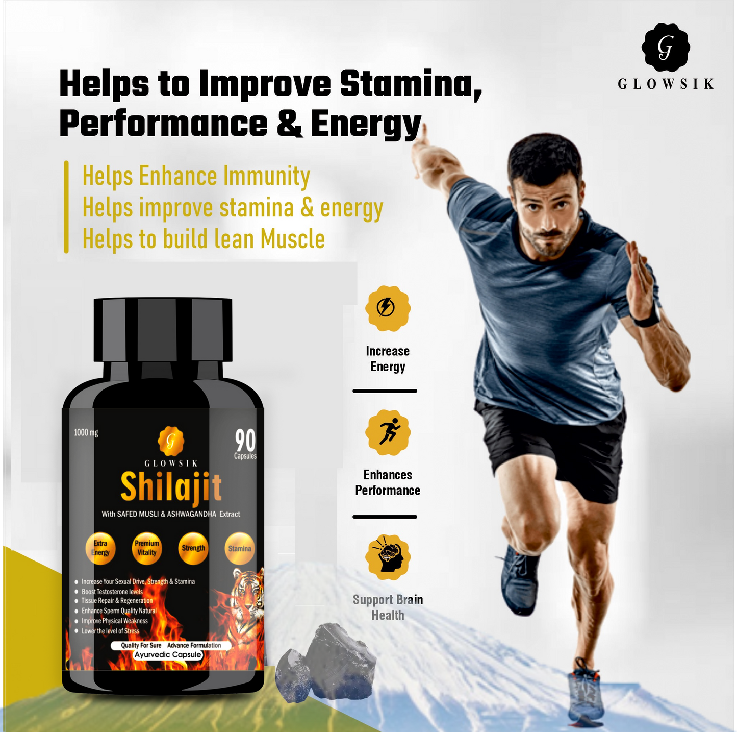 GLOWSIK SHILAJIT CAPSULES FOR POWER , STAMINA WITH SAFED MUSHLI AND ASHWAGANDHA
