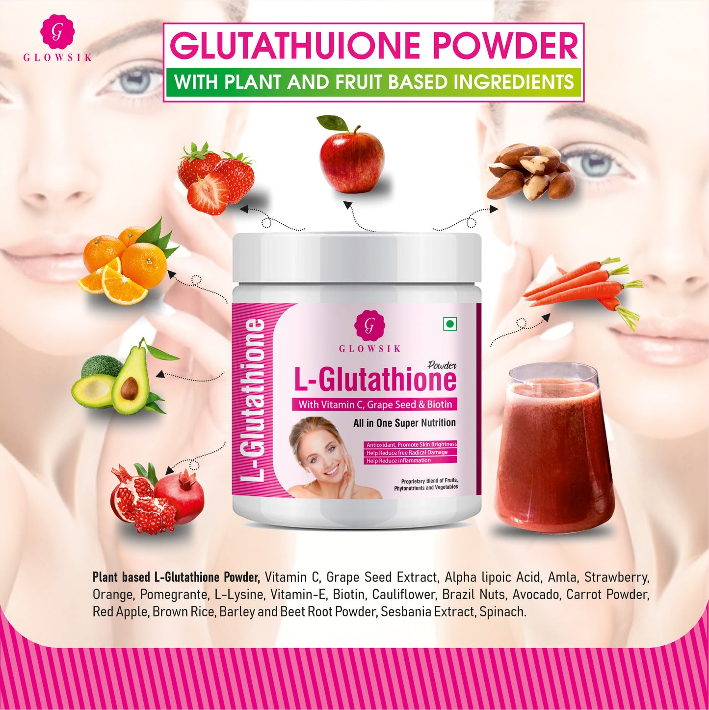 GLOWSIK L-GLUTATHIONE POWDER FOR HEALTHY & GLOWING SKIN WITH PLANT & FRUIT EXTRACT (300 g)