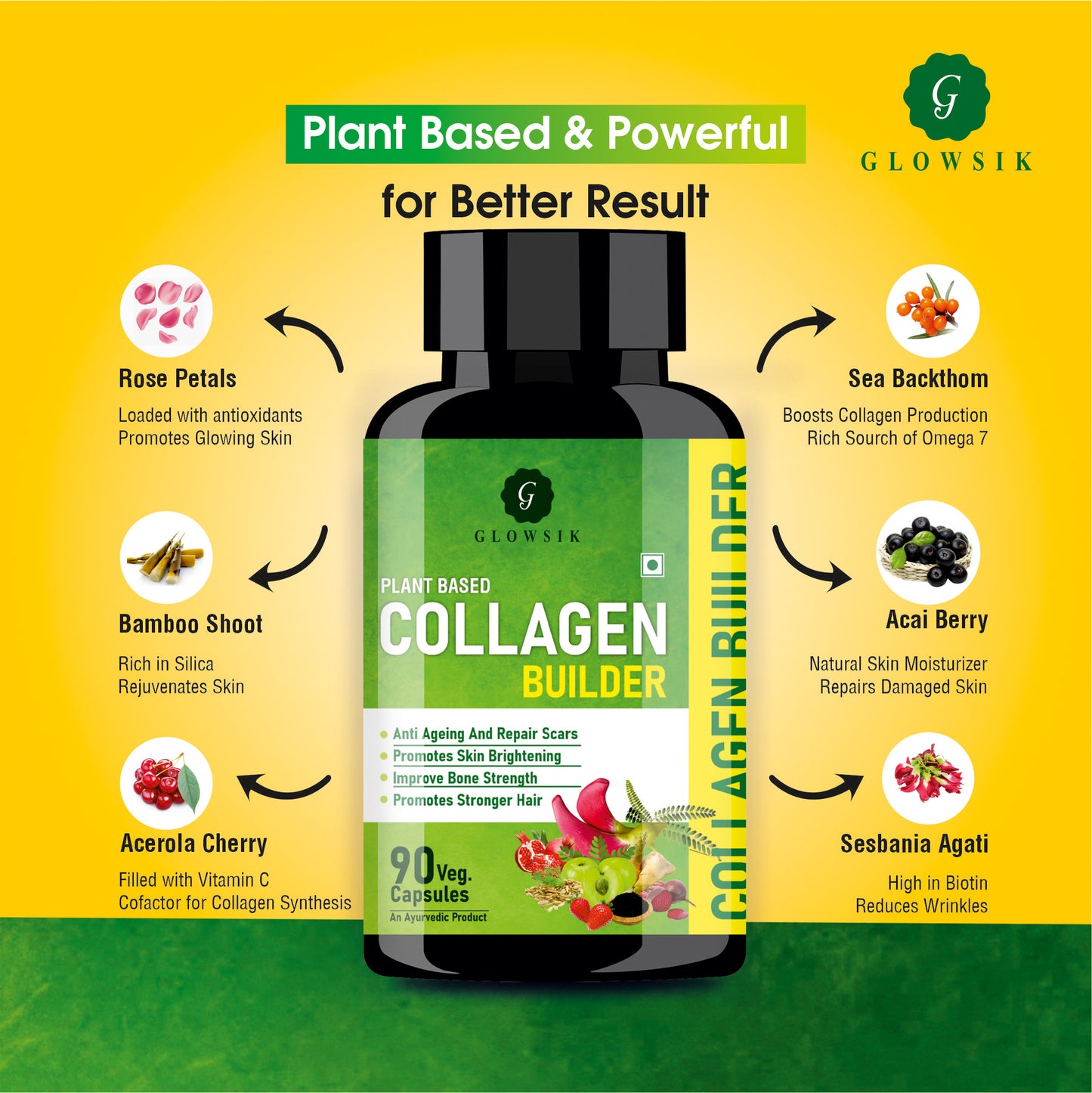 Glowsik Collagen Supplements for Women and Men for skin glow, hair & bones health - 90 capsules, Plant Based Collagen Builder