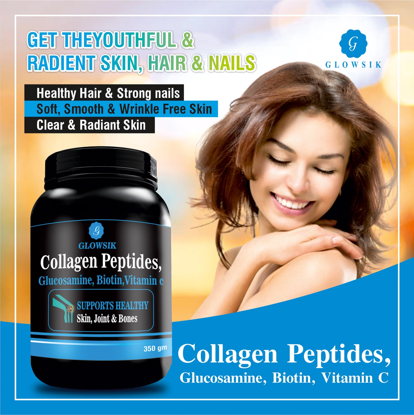 GLOWSIK COLLAGEN PEPTIDES WITH GLUCOSAMINE, BIOTIN FOR HEALTHY BONES, JOINTS, HAIR Energy Bars (350 g, CHOCOLATE)