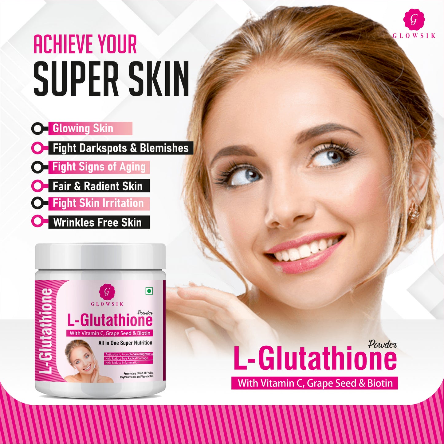 GLOWSIK L-GLUTATHIONE POWDER FOR HEALTHY & GLOWING SKIN WITH PLANT & FRUIT EXTRACT (300 g)