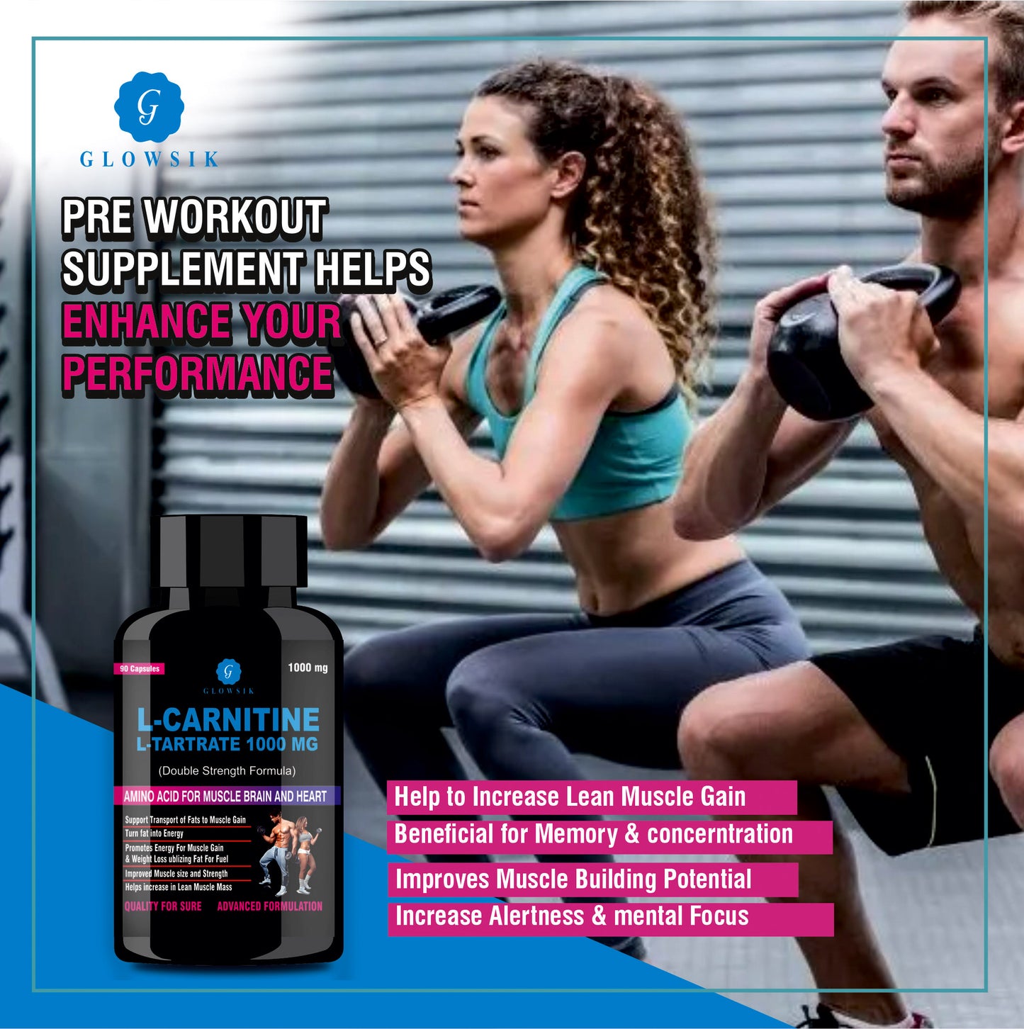 G GLOWSIK L-Carnitine L- Tartrate for weight loss pre work out supplements - 90 capsules (1000 mg)