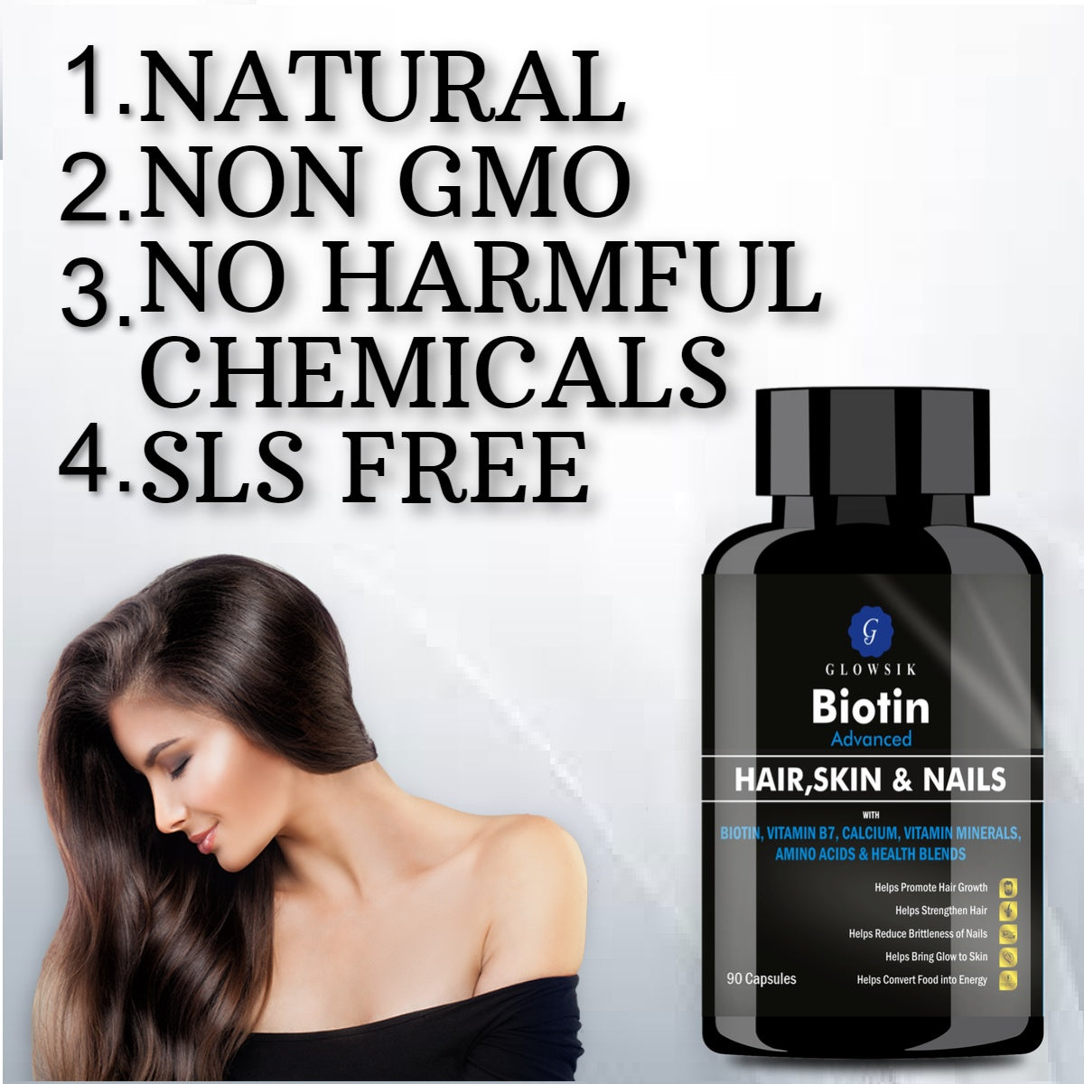 GLOWSIK BIOTIN CAPSULES (90- CAPSULES) with AMINO ACIDS FOR HAIR, NAILS AND SKIN (1000 mg