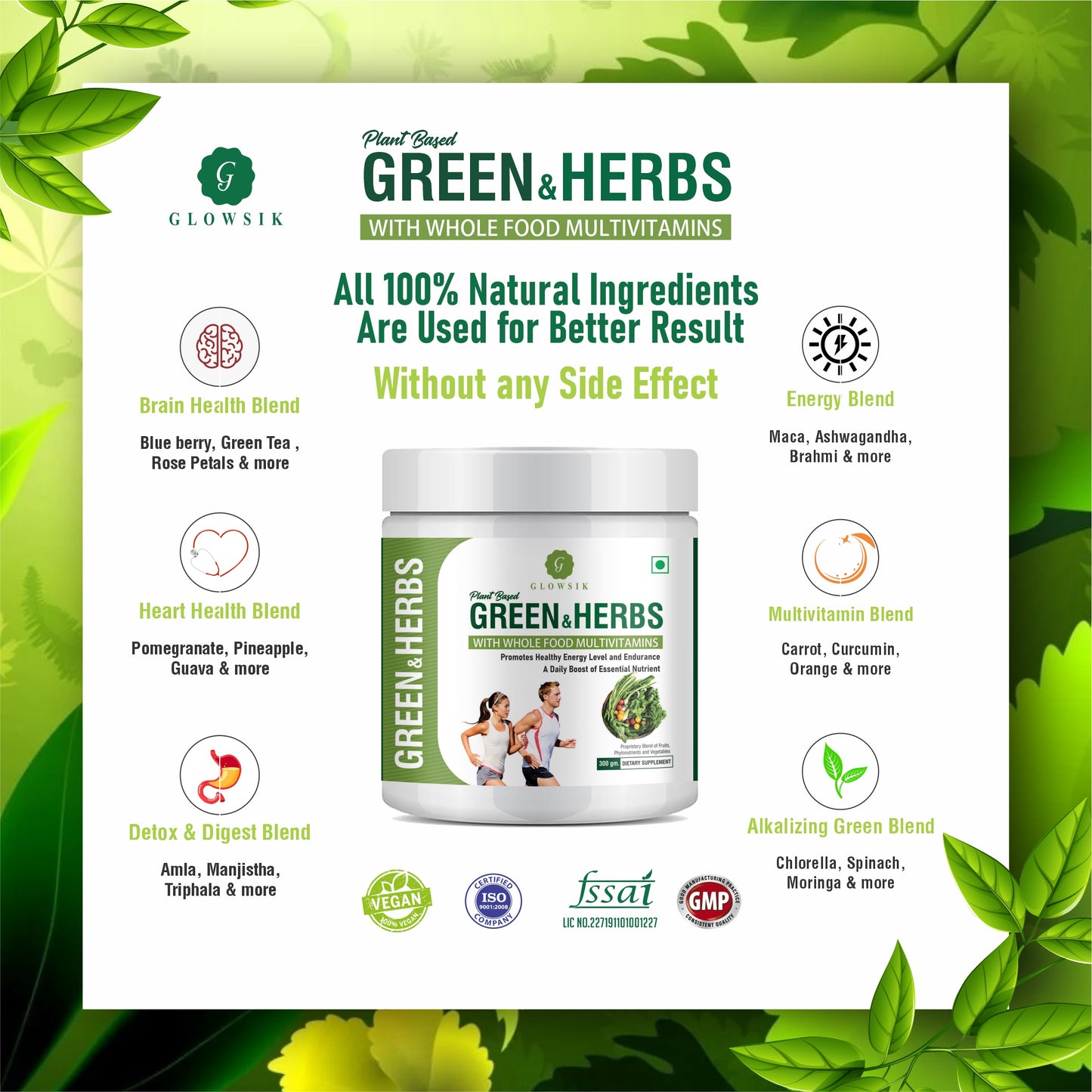 GLOWSIK Plant and Herb Greens with Chlorella, Spirulina for Healthy Skin, Acne & Detox (300 g)