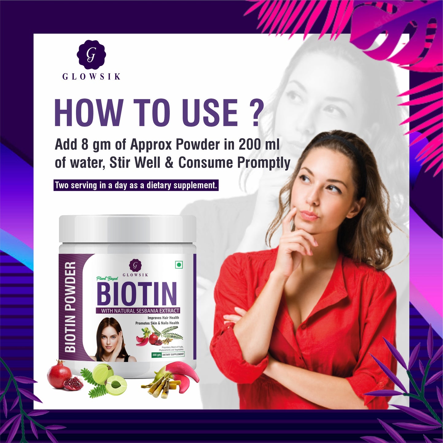 GLOWSIK Plant And Herb Biotin 10000+ mcg With Amla For Strong Hair & Healthy Skin (300 g)