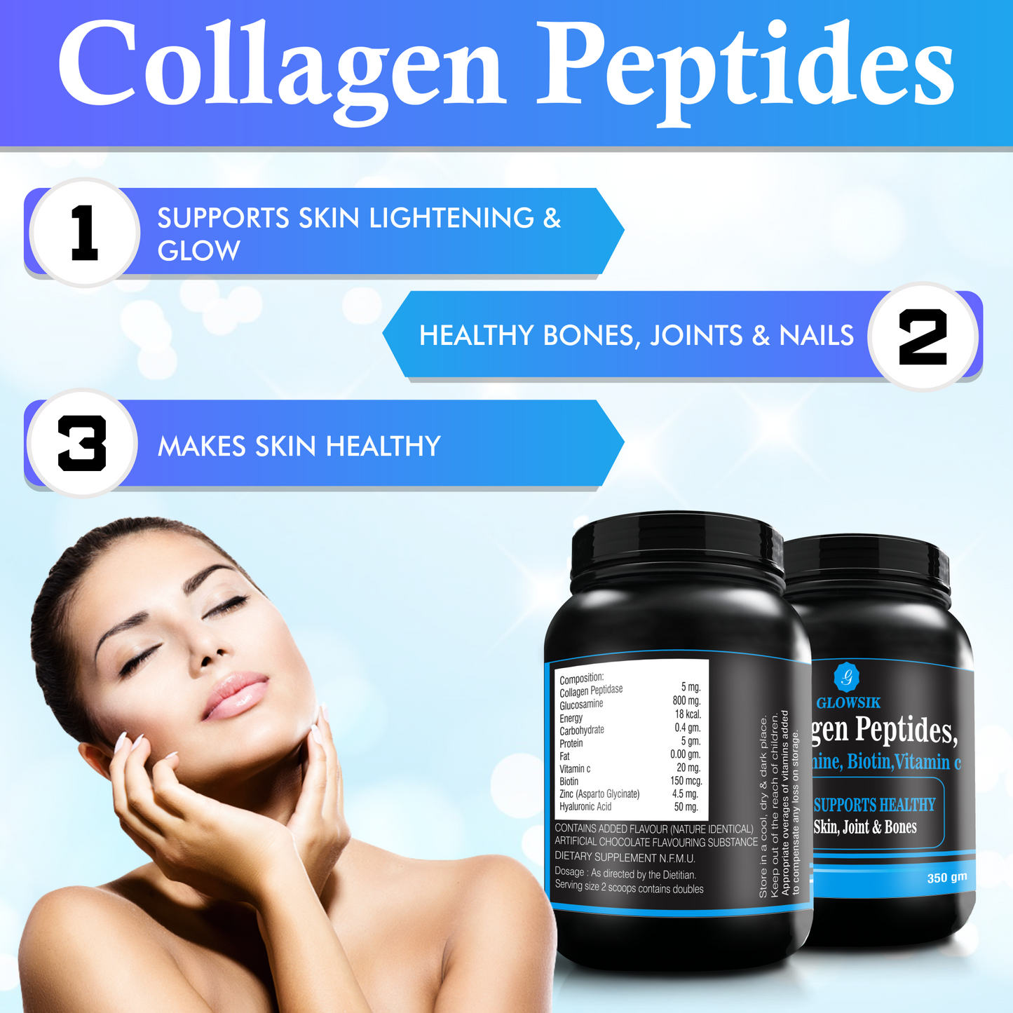 GLOWSIK COLLAGEN PEPTIDES WITH GLUCOSAMINE, BIOTIN FOR HEALTHY BONES, JOINTS, HAIR Energy Bars (350 g, CHOCOLATE)