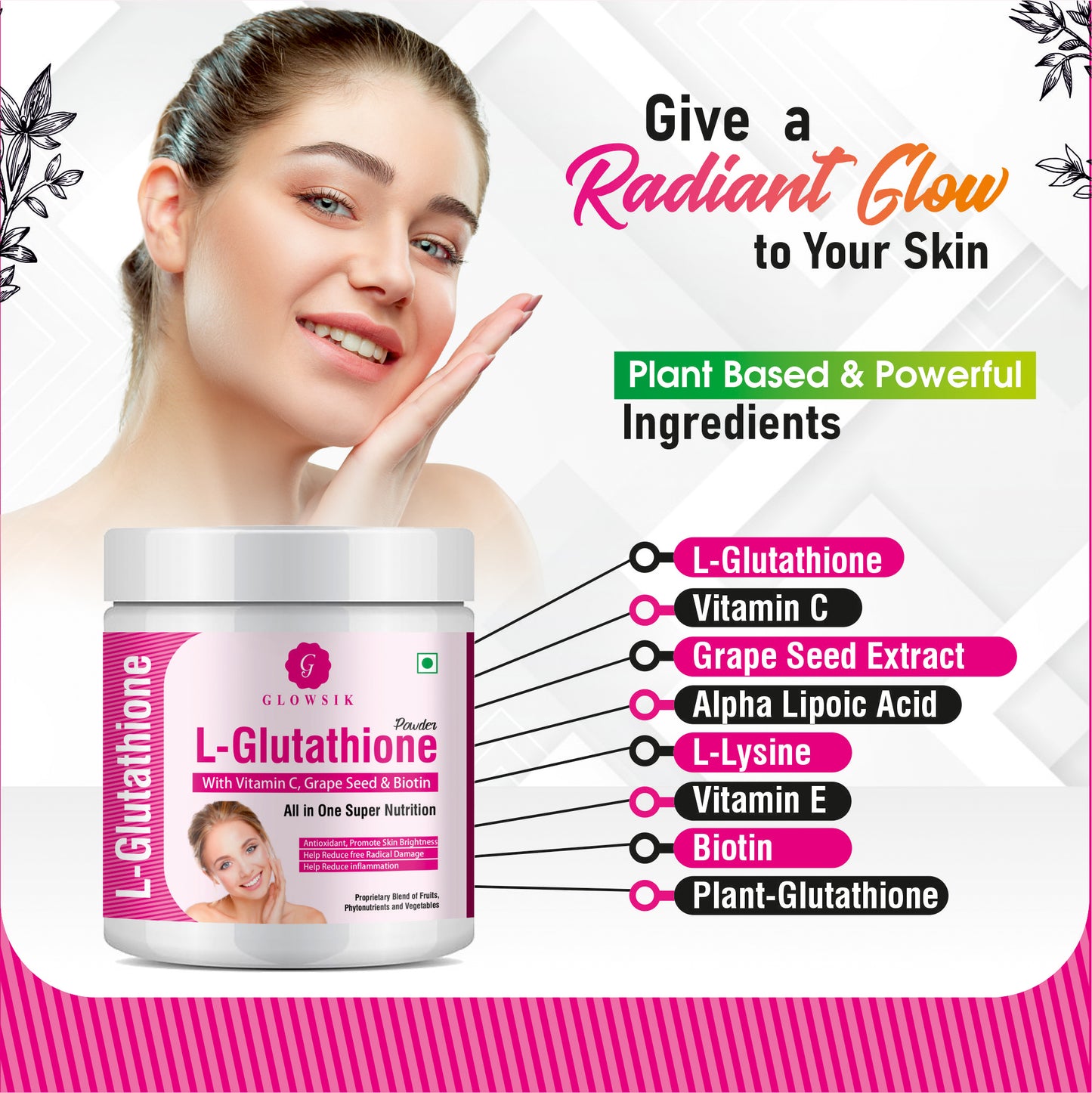 GLOWSIK L-GLUTATHIONE POWDER FOR HEALTHY & GLOWING SKIN WITH PLANT & FRUIT EXTRACT (300 g)