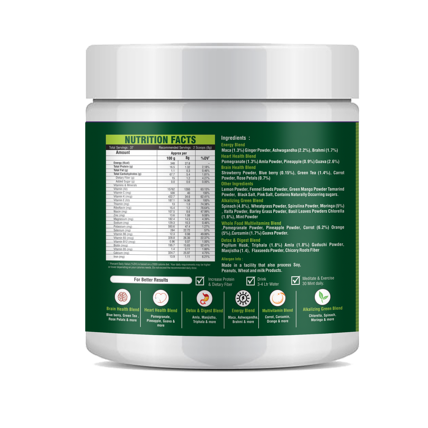 GLOWSIK Plant and Herb Greens with Chlorella, Spirulina for Healthy Skin, Acne & Detox (300 g)
