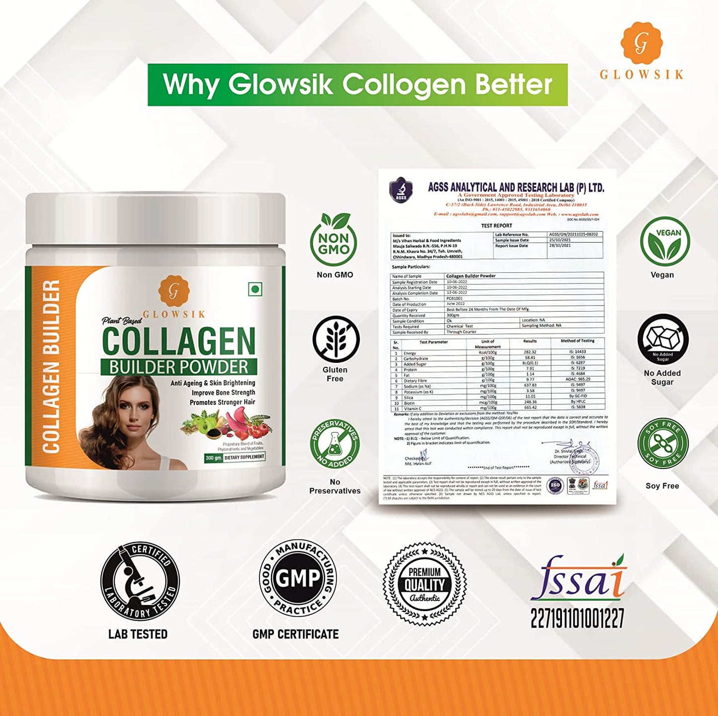 Glowsik Plant Based Collagen Builder Powder Supplement for women and men with Vitamin C for Anti-Ageing Skin, bones and hair - 300 gms