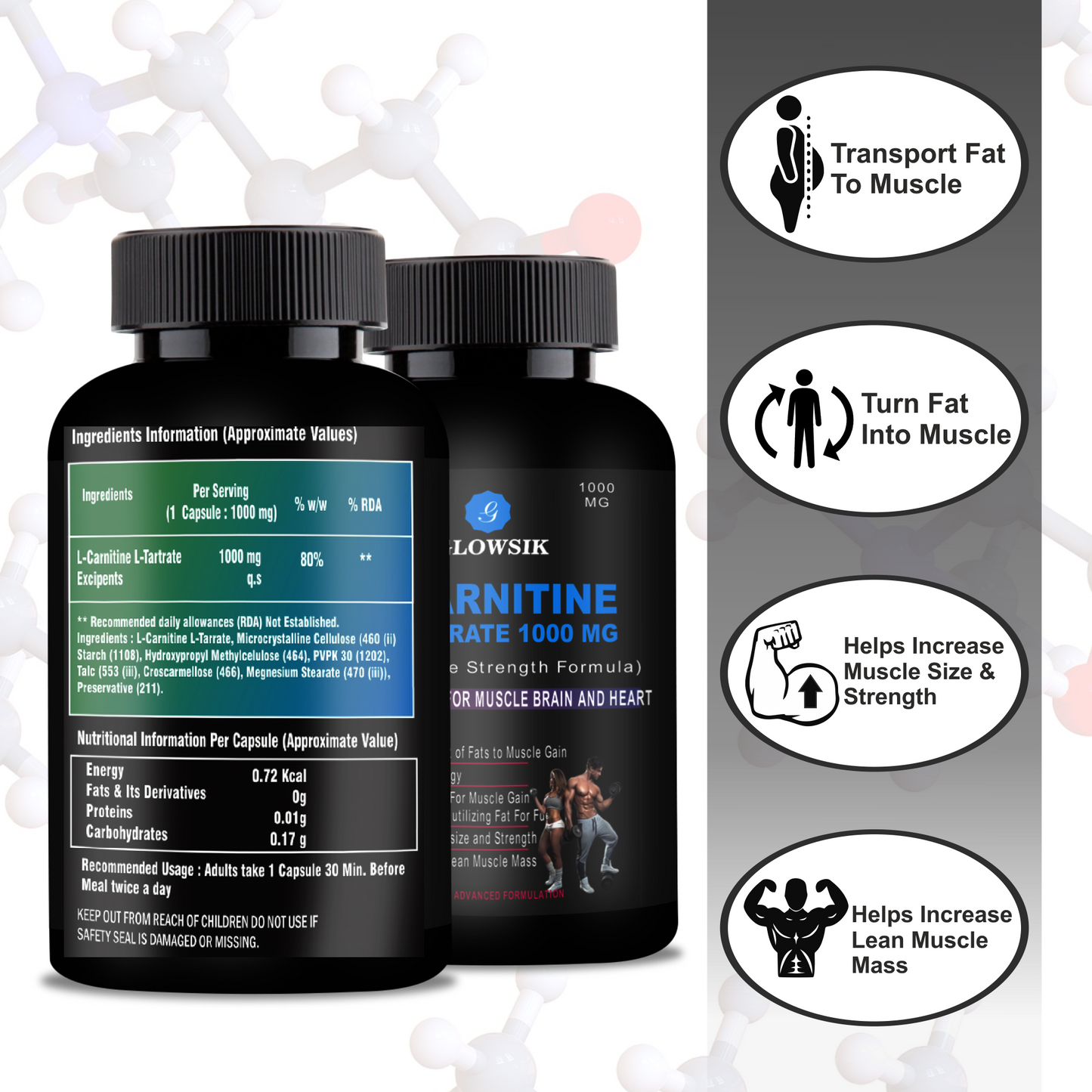 G GLOWSIK L-Carnitine L- Tartrate for weight loss pre work out supplements - 90 capsules (1000 mg)
