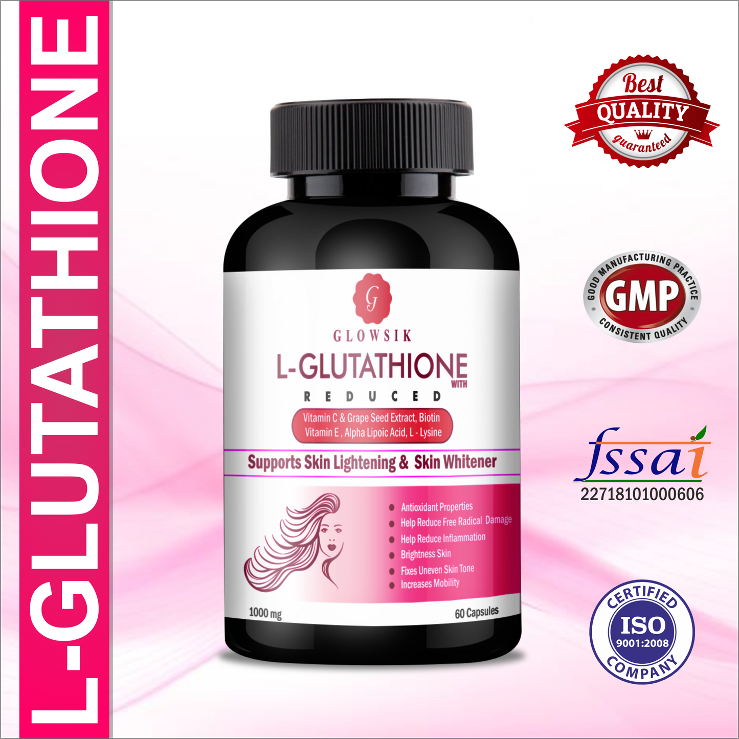 Glowsik L-Glutathione pack of 2 (120 capsules)with Vitamin C & E , Grape Seed , for skin glow , anti-oxidant pack of 2 (120 capsules)