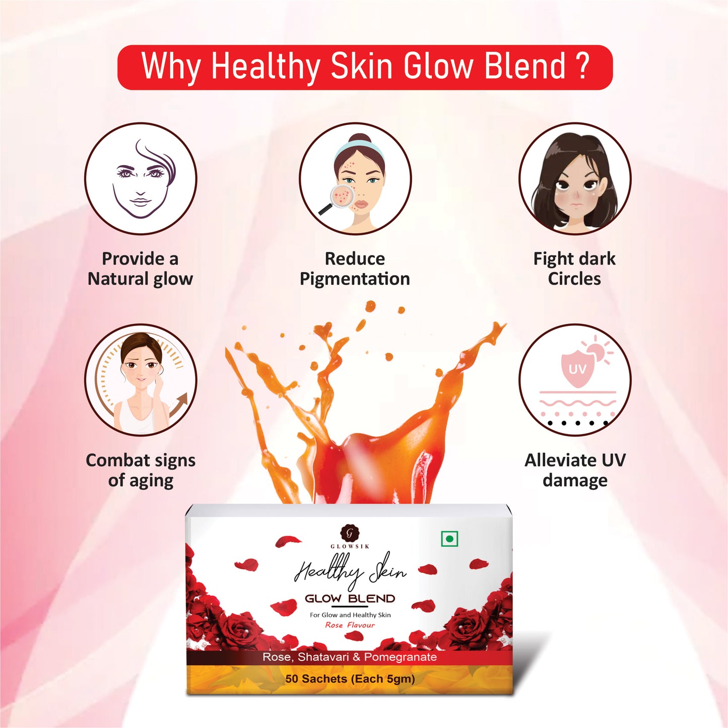 Glowsik Healthy Skin Glow Blend, Ayurvedic Beauty Supplement for Healthy, Glowing Skin - 30 Sachets