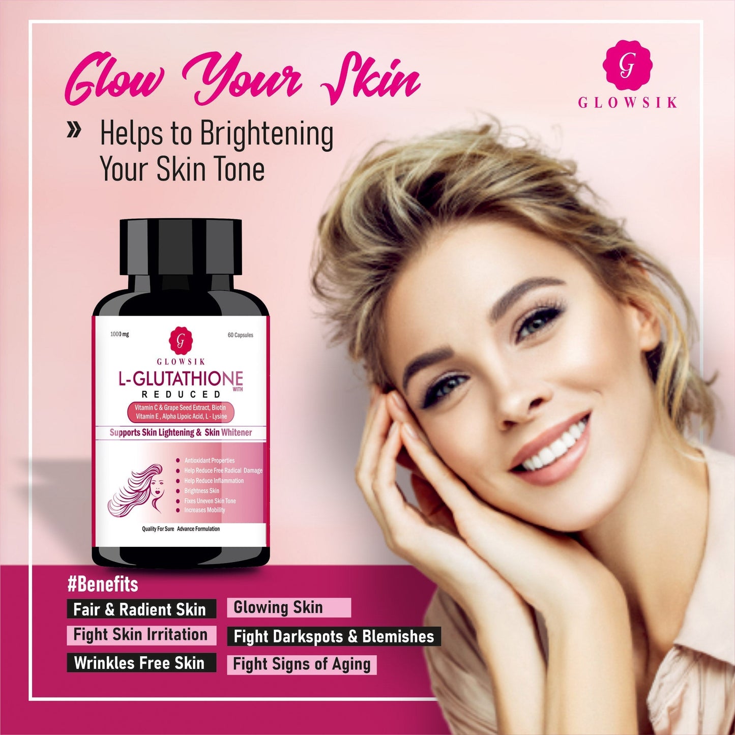 Glowsik Glutathione pack of 3 (180 capsules) with Vitamin C & E , Grape Seed , for skin glow , anti-oxidant