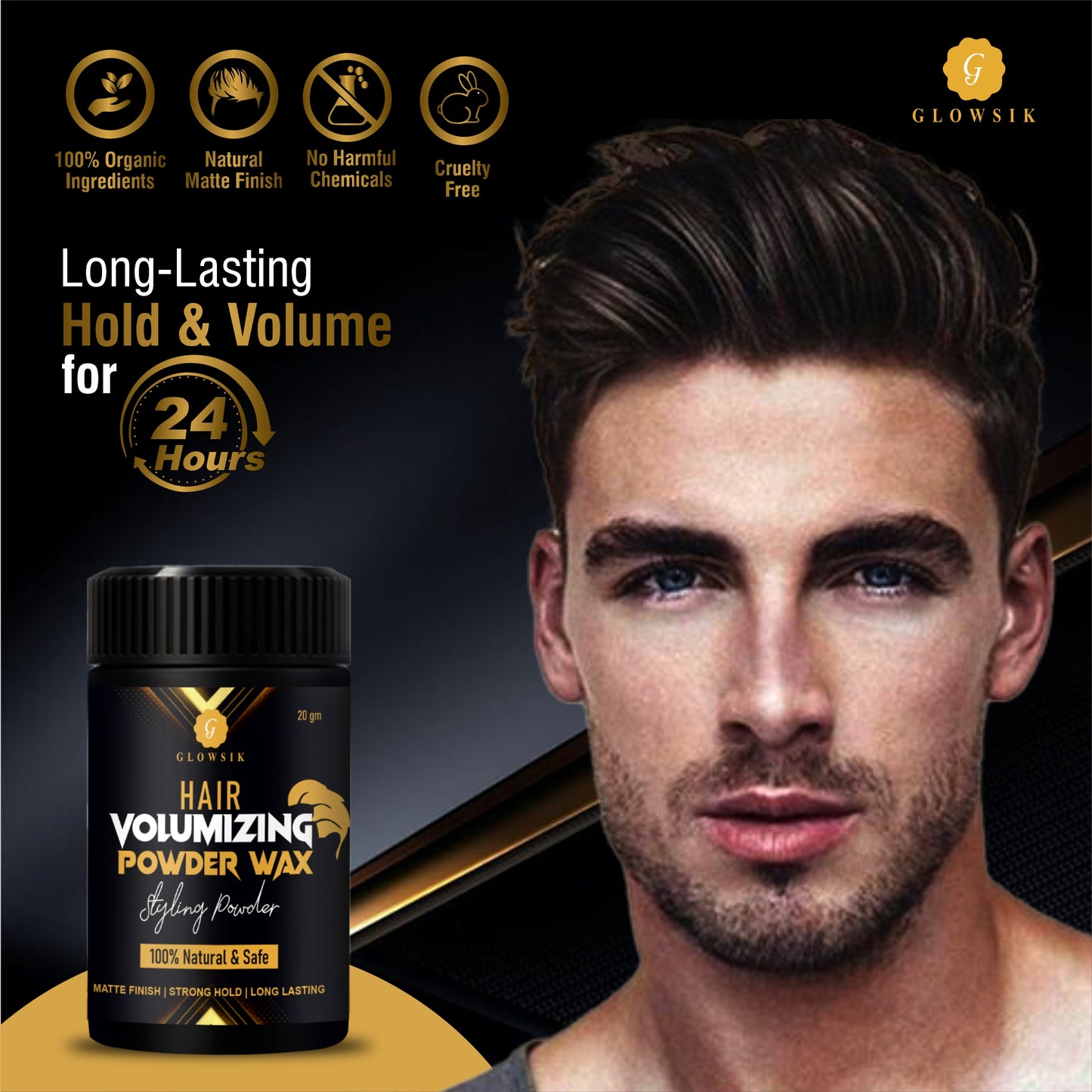 GLOWSIK Hair Volumizing Powder Wax for strong hold , Styling hair Powder , Matt Finish Long lasting , 100% Safe & Natural , Hair Volumizer Powder Wax 24 Hours Hold Hair Volumizer POWDER (20 g)
