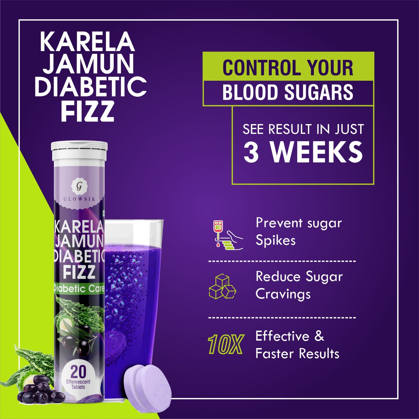 Glowsik Karela Jamun Diabetic Care Fizz Effervescent Tablet | Control Diabetes