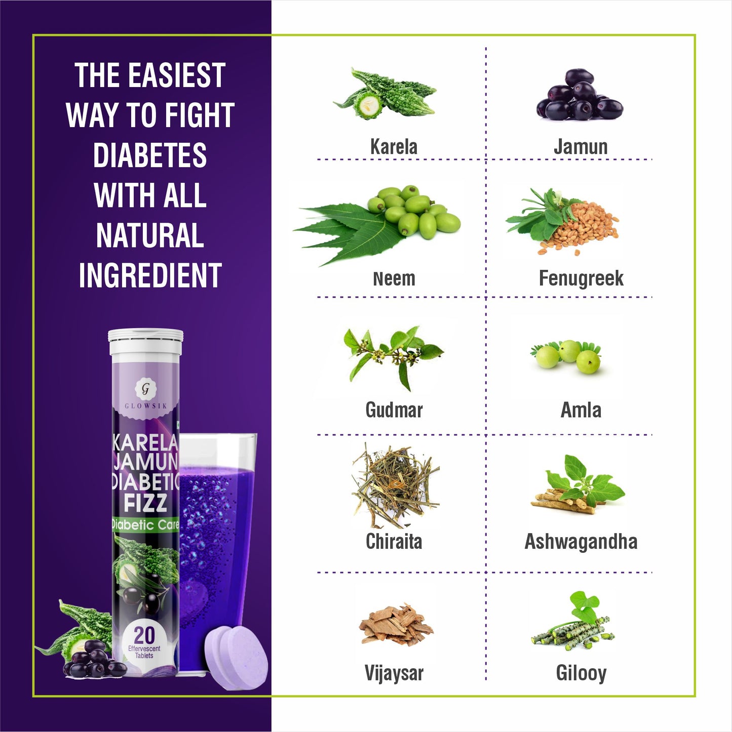 Glowsik Karela Jamun Diabetic Care Fizz Effervescent Tablet | Control Diabetes