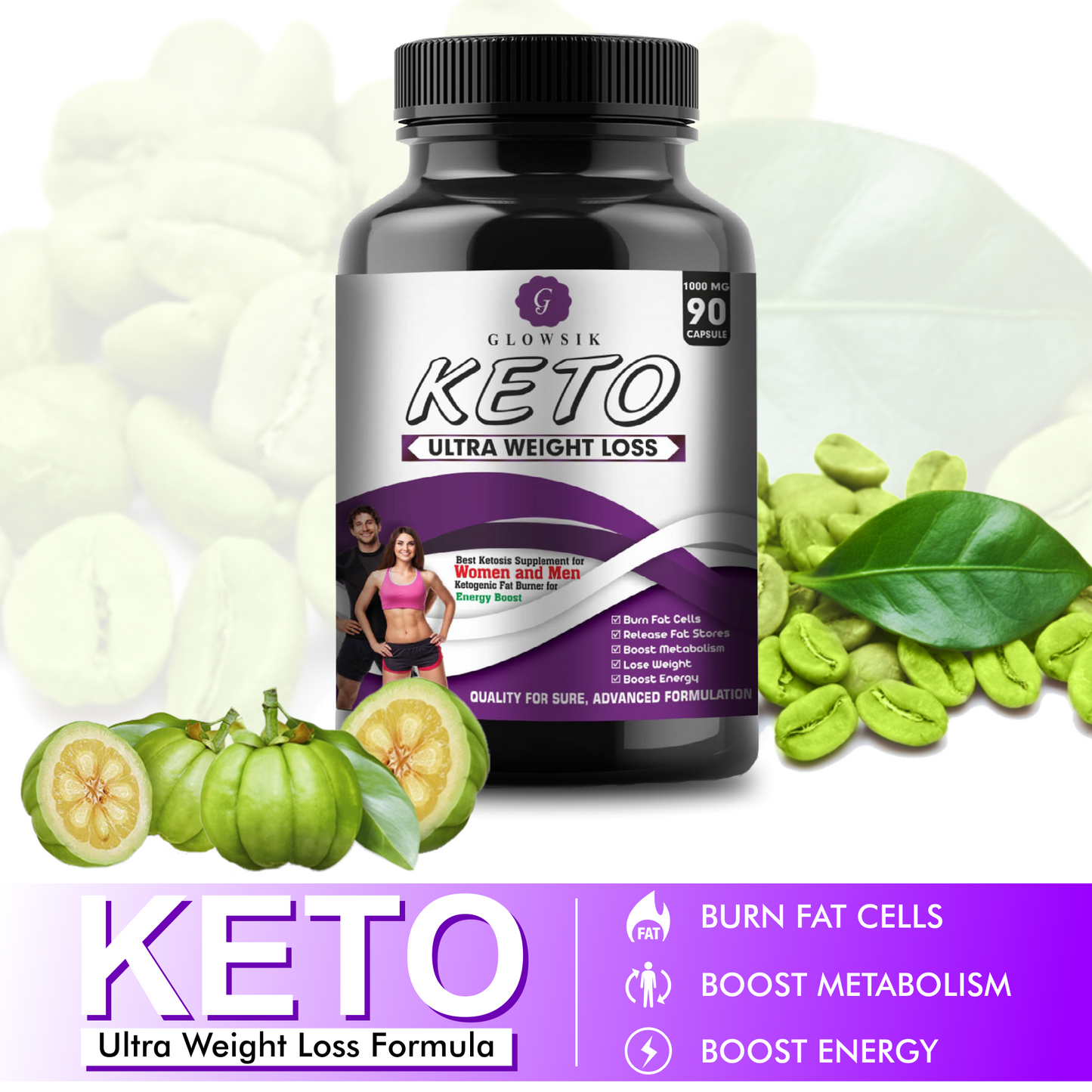 GLOWSIK Keto ultra weight loss fat burner Capsules with (Garcinia Cambogia + Green Tea + Green Coffee) Extract 1000Mg - 90 CAPSULES
