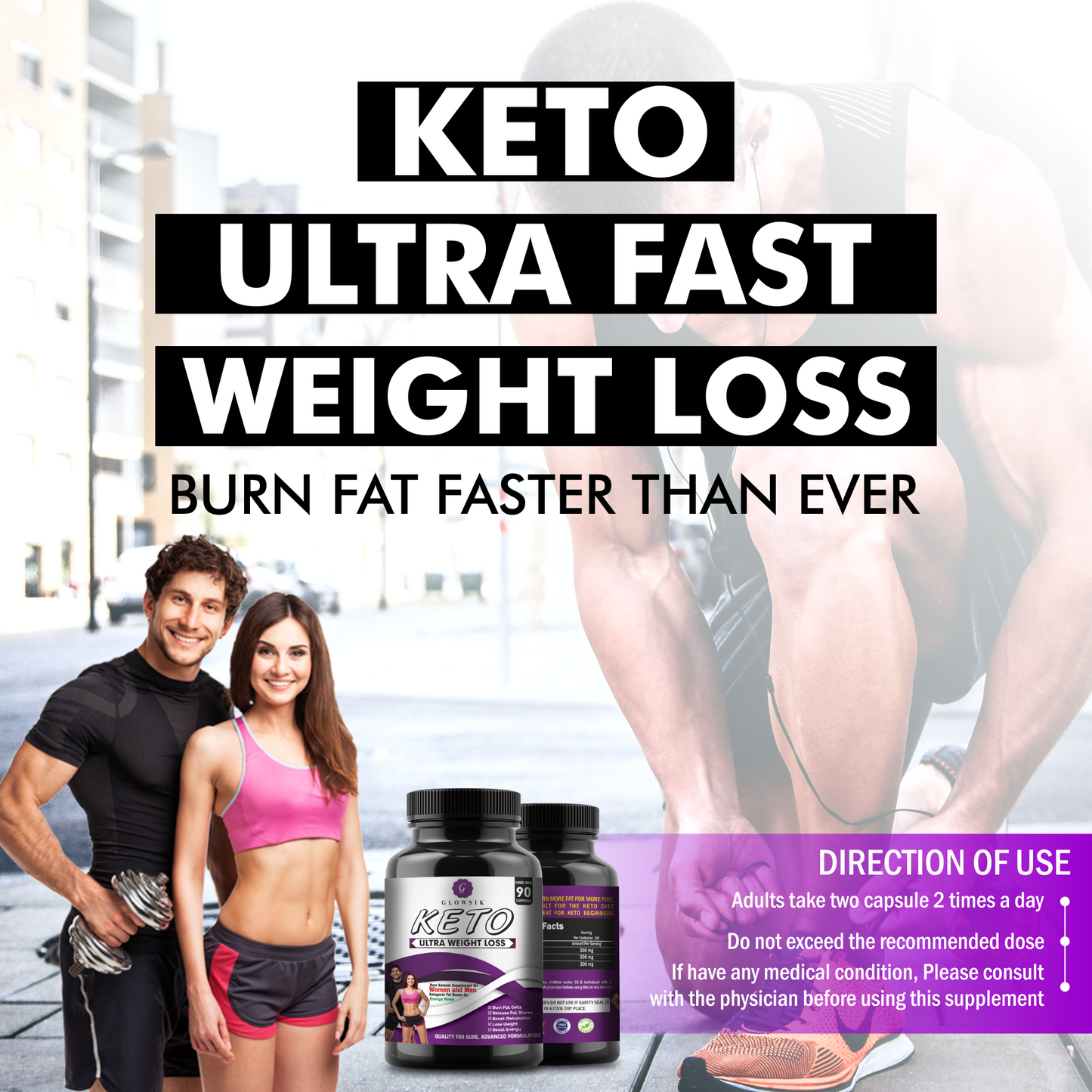 GLOWSIK Keto ultra weight loss fat burner Capsules with (Garcinia Cambogia + Green Tea + Green Coffee) Extract 1000Mg - 90 CAPSULES