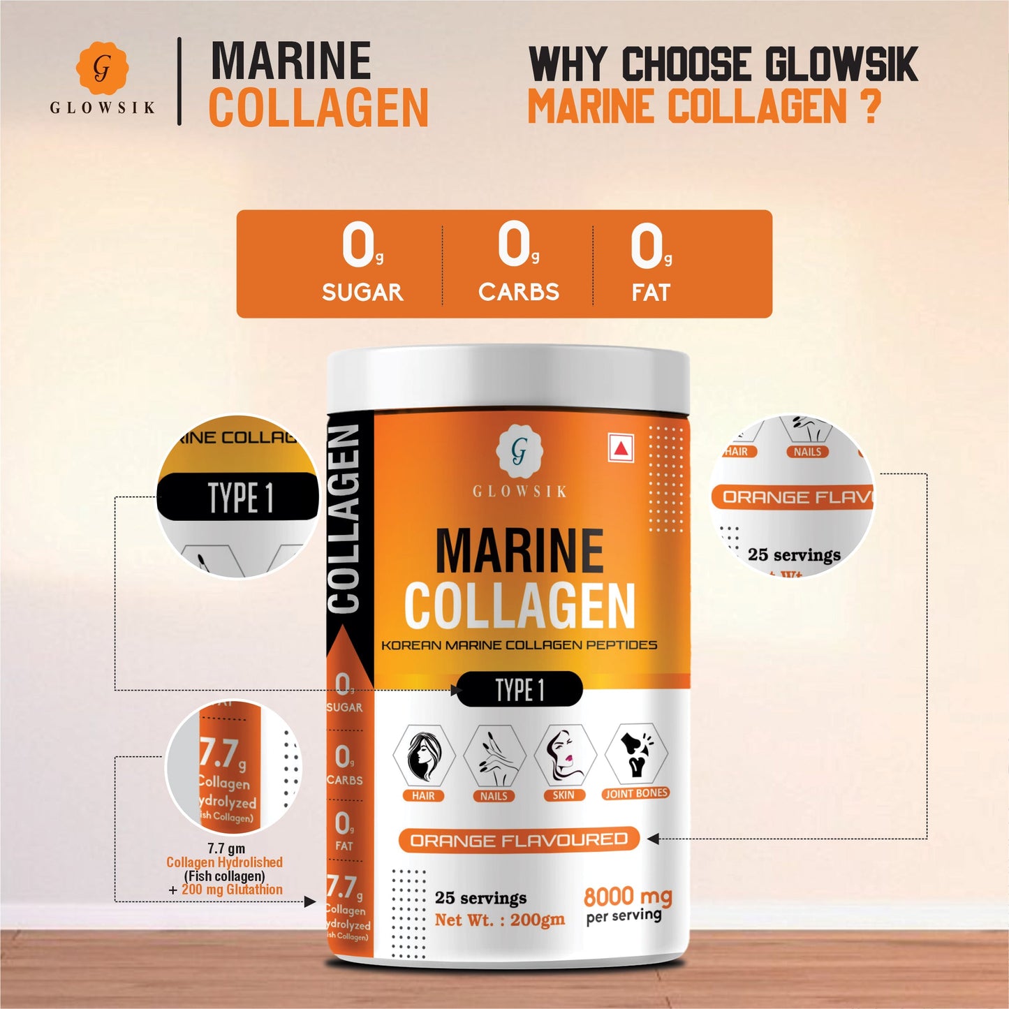 Glowsik Korean Marine Collagen Powder with Glutathione for Women & Men (200 g) Pack of 2