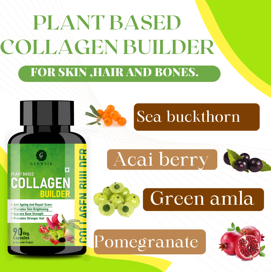 Glowsik Collagen Supplements for Women and Men for skin glow, hair & bones health - 90 capsules, Plant Based Collagen Builder