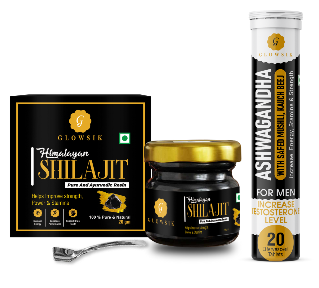 Glowsik Himalayan Shilajit Resin Original & Ayurvedic - 20 gm Now with ashwangandha , safed mushli and kauch beej 20 effervescent tablets