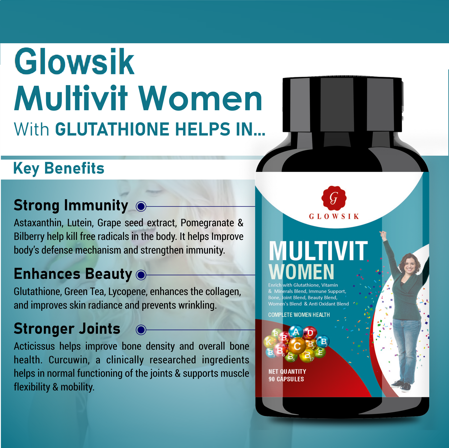 G GLOWSIK Women Multivitamins With glutathione ,Anti-Oxidants , Bone, Joint & Beauty Blend (1000 mg)