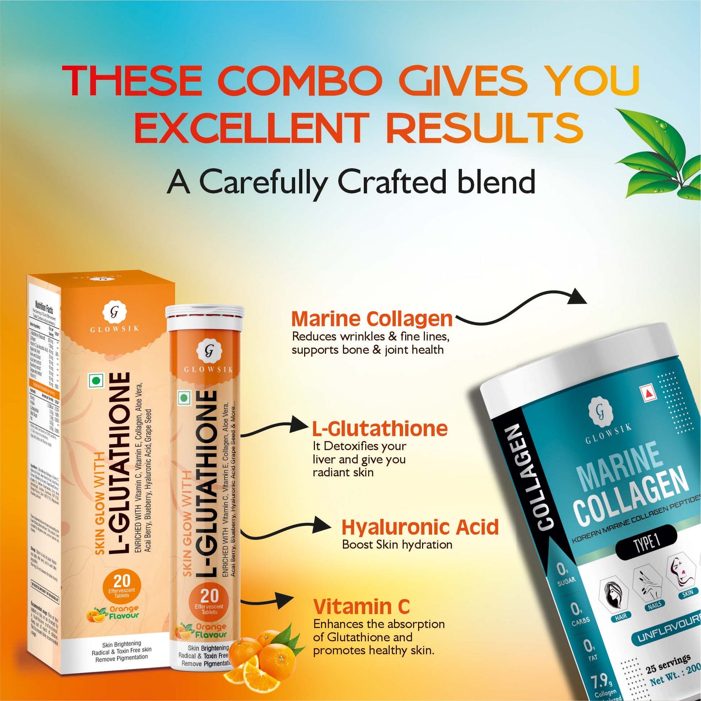 Glowsik Healthy Skin Combo - Glutathione 40 effervescent Tablets For Glowing Skin & Marine Collagen For Anti- Ageing