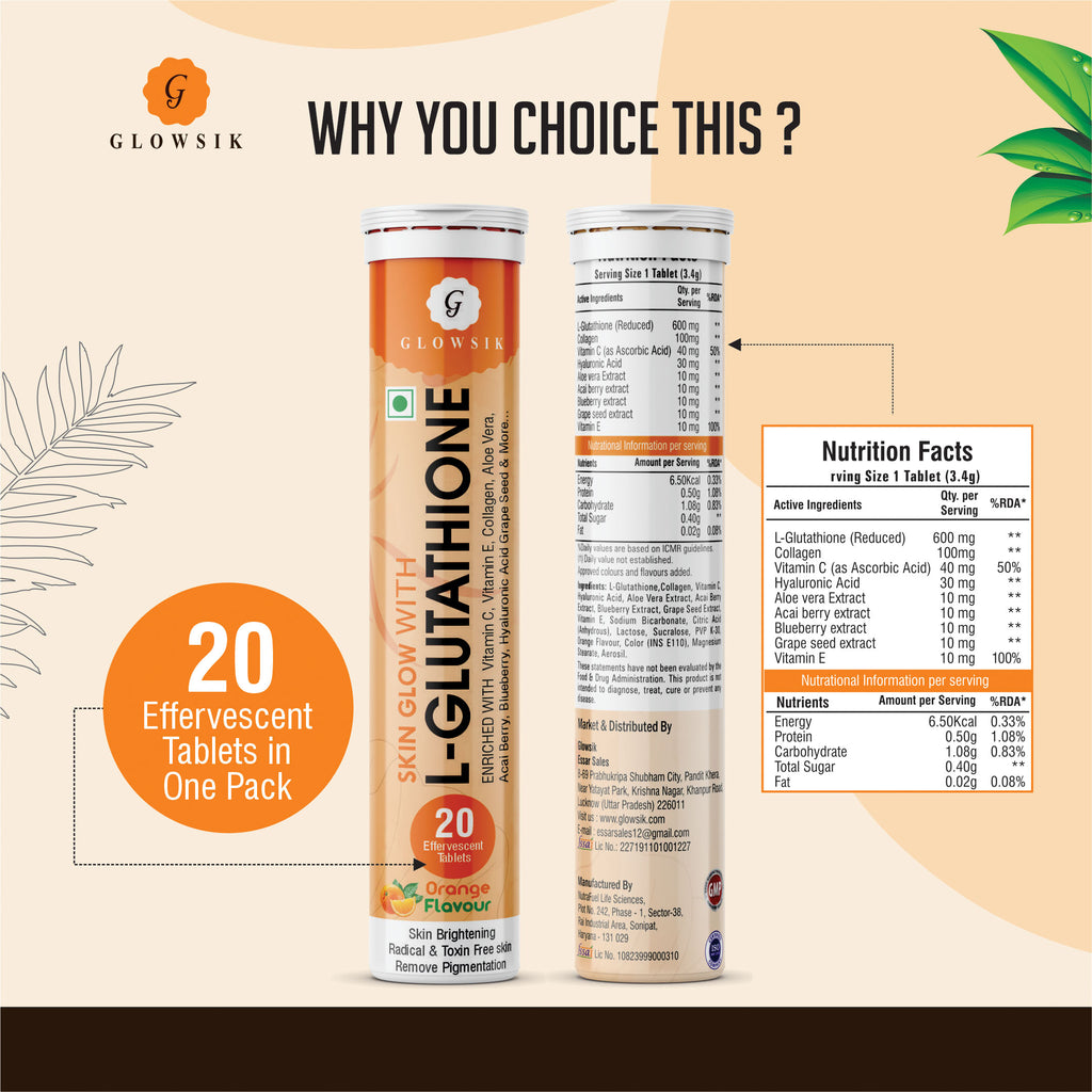 Glowsik Glutathione Effervescents tablets for skin Glow ,  with collagen  , Hyaluronic Acid , vitamin c