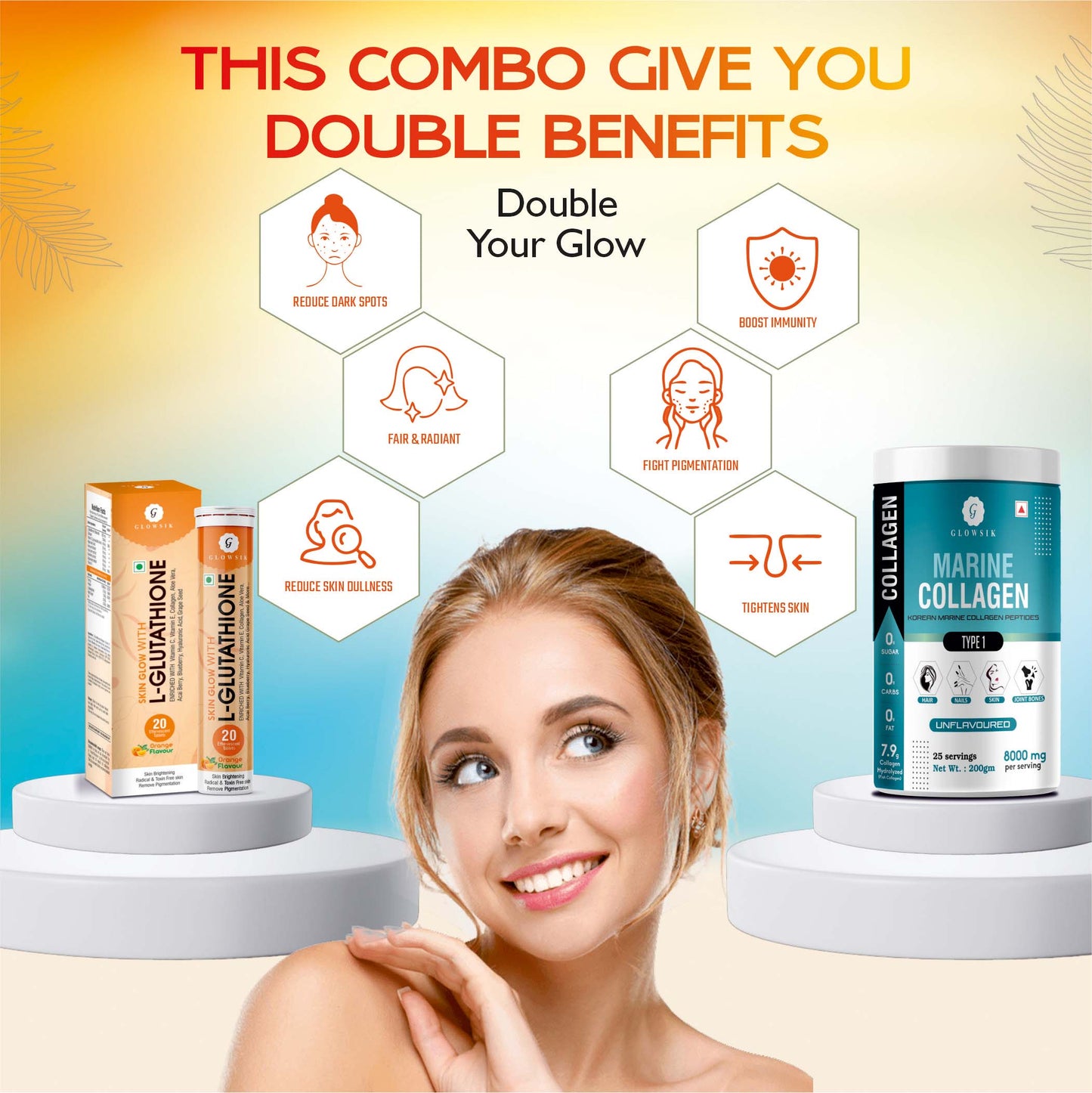 Glowsik Healthy Skin Combo - Glutathione 40 effervescent Tablets For Glowing Skin & Marine Collagen For Anti- Ageing