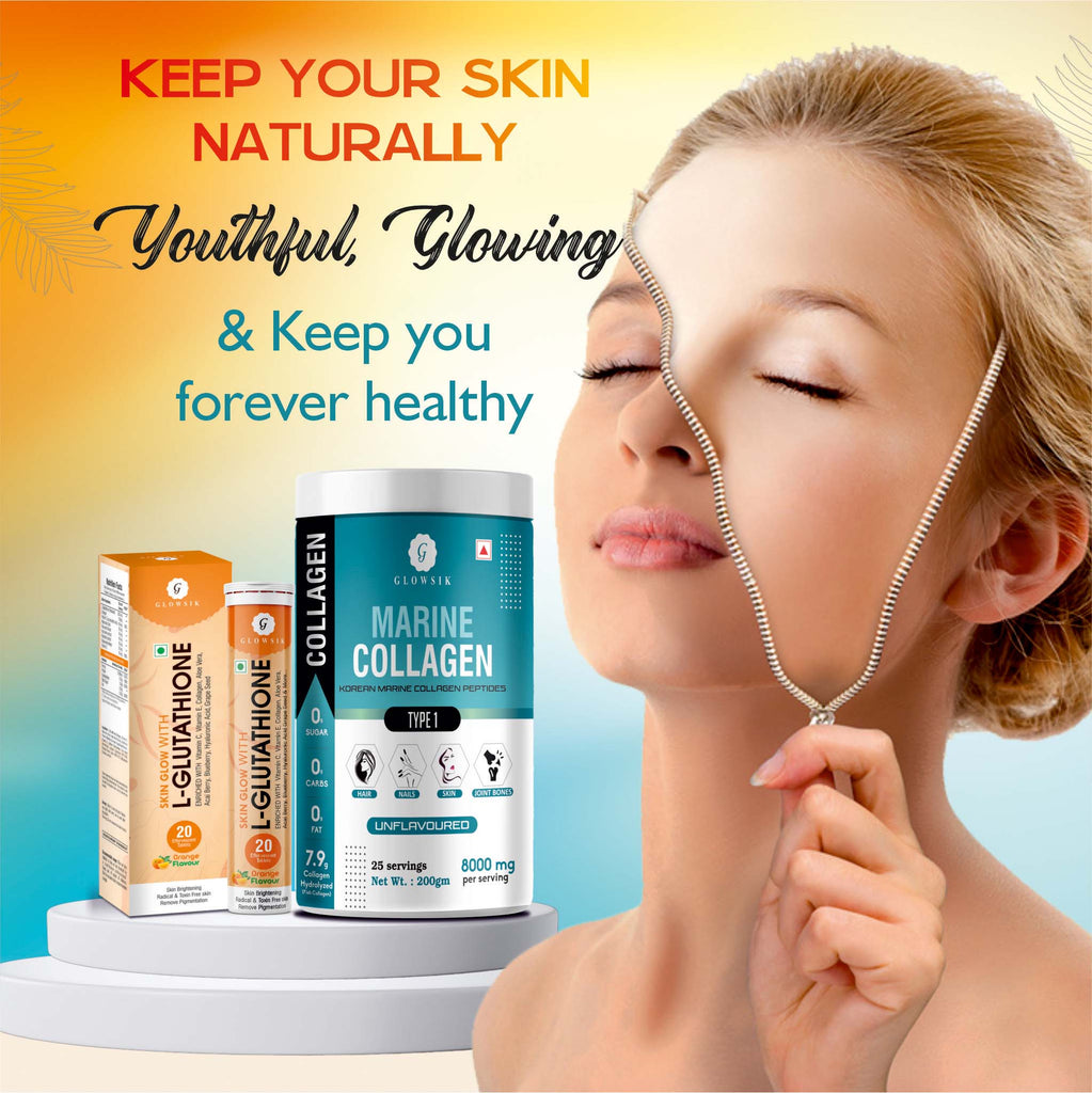Glowsik Healthy Skin Combo - Glutathione 40 effervescent Tablets For Glowing Skin & Marine Collagen For Anti- Ageing