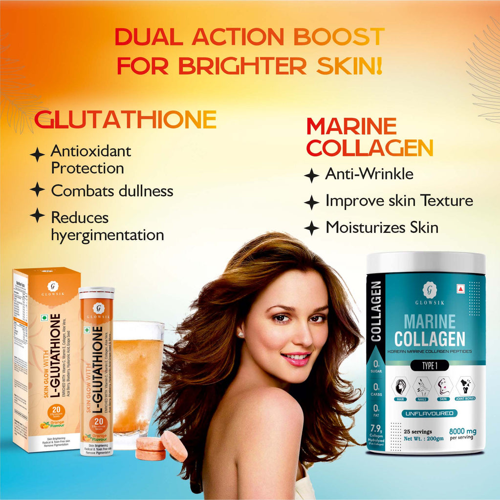 Glowsik Healthy Skin Combo - Glutathione 40 effervescent Tablets For Glowing Skin & Marine Collagen For Anti- Ageing